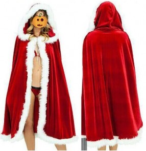 Red velvet long length girls fashion women's kids children Halloween Christmas party cos play hooded dancing performance cloak capes robes costumes